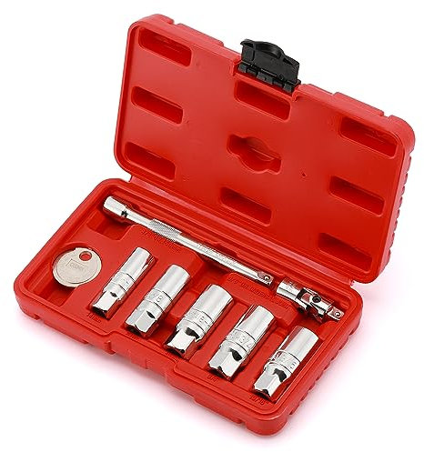 CASOMAN 3/8 Dr. Spark Plug Socket Set, 6-Point, Include 6-Inch Extension Bar, Universal Joint & Spark Plug Gapper, 8Piece Set, CR-V Steel