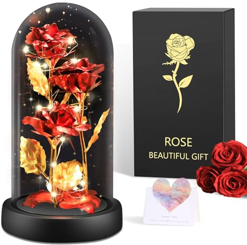 BOLEi Geschenke für Frauen,Ewige Rose im Glas mit LED(3 Rote Goldene Rose) | Galaxy Rose Geburtstag, Valentinstag, Weihnachten, Muttertag, Hochzeitstag–Geschenk für Sie, Mama,Ehefrau,Freundin,Frau,Oma