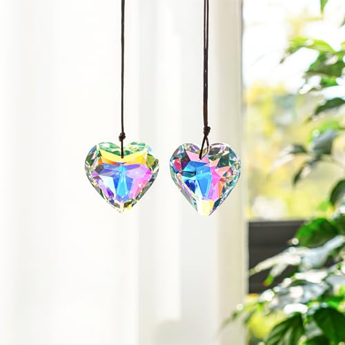 2 Pcs 50mm AB Heart Crystal Prism Suncatcher Window Hanging Ornament | AB Color Heart Shape Crystal Prism Pendants Rainbow Maker Glass Chandelier Sun Catcher with Rope for Window Garden Home Decor