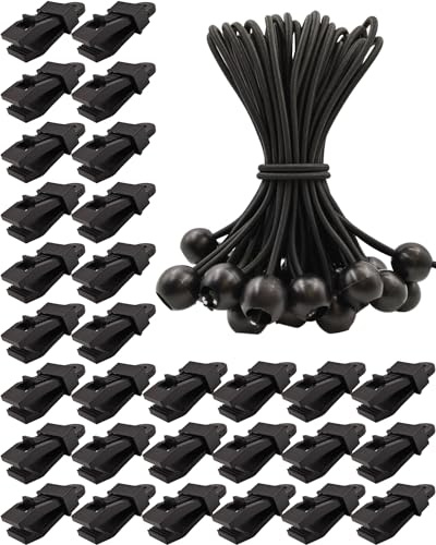 WMZOBH 30 Stück Planenclips + 30 Stück Spanngummis mit Kugel 15cm - Zeltplane Clips Planenbefestigung - Planenspanner Tarp Clips Set für Zelt Camping Vorzelt (Schwarz)