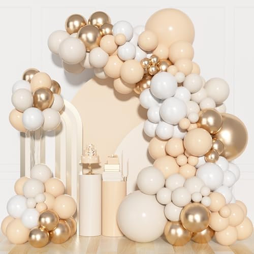 Palloncini Bianchi e Oro, 150 Pezzi Kit Arco Palloncino, 18/12/10/5 Pollici Palloncini Beige, Sicuri e Durevoli, per Matrimonio, Sposini, Battesimi di Bebè, Compleanno