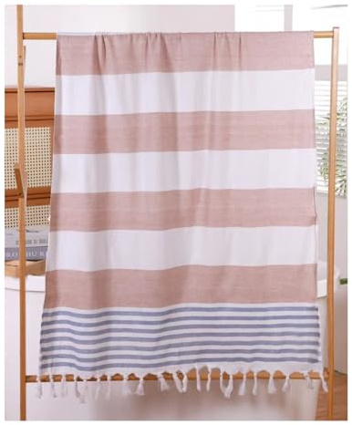 FEBE Strandtuch Badetuch Braun und Blau Baumwolle 180x80 cm Ultraleicht mit Handgeknüpften Hamamtuch Saunatuch Picknickdecke Towel