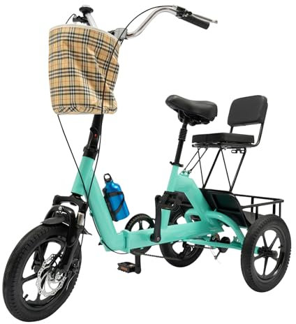 14 Zoll Dreirad für Erwachsene Faltbares Dreirad 3-Rad Fahrrad Hochkohlenstoffstahl Lastenfahrrad Tricycle for Adults und Senioren mit Einkaufskorb, Rückenlehne & Wasserflaschenhalter (Grün)