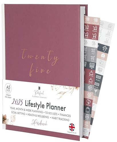 Perfect Planner Company - Planificador de estilo de vida 2025 - Organizador de tapa dura A5 - Desarrollo personal - Establecimiento de objetivos - Hábitos y rutinas - Papel FSC de 100 g/m², malva