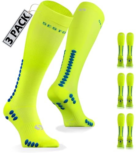 sesto senso 3 Paar Kompressionsstrümpfe Sport Gelb Neon Hohe Sportsocken Wadensocken Laufsocken 47-50 Yellow
