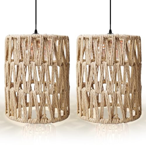 PRITOK Rattan Lampshade: 2 Pack Boho Style Woven Rattan Pendant Light Shades, Natural Light Cover, Cylinder Woven Lampshade, Weaving Handicraft Lamp Shade for Restaurant, Living Room, Bar