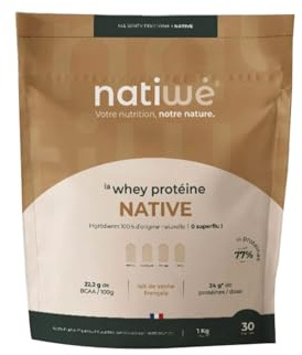 NATIWÉ - Whey Protéine Native - Goût Chocolat - Prise De Masse - Meilleure Densité Osseuse, Récupération & Performance - 22,2% De BCAA - Lait De Vache Français - 23g De Protéines/Dose - Sachet 1kg