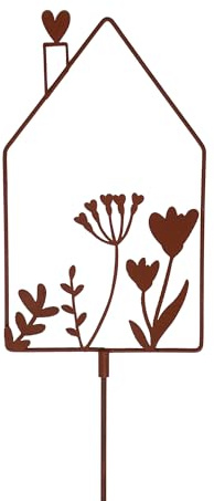 UNUS Gartenstecker Hausform mit Blumen rost