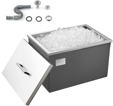 VEVOR Hielera Empotrable, 508 x 355 x 306 mm, de Acero Inoxidable, con Capacidad para 30 L, con Tapa para Exterior y Tubo de Drenaje Incluido, para Vino y Cerveza Fríos, Tapa Olla, Uso Versátil