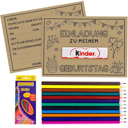 Lezehea 15 Einladungskarten Kindergeburtstag Junge inkl. 12 Buntstifte | Einladungskarten zum Kindergeburtstag Kraftpapier,DIY A6 Einladung Party,Witzige Einladungskartens Geburtstag
