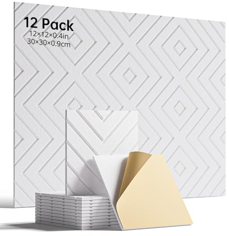 Woovio Sound Proofing Panels, 12 Pack Self-Adhesive Acoustic Panels White | High Density Acoustic Wall Panels for Podcast Studio, Living Room, Offices 30x30x0.9cm