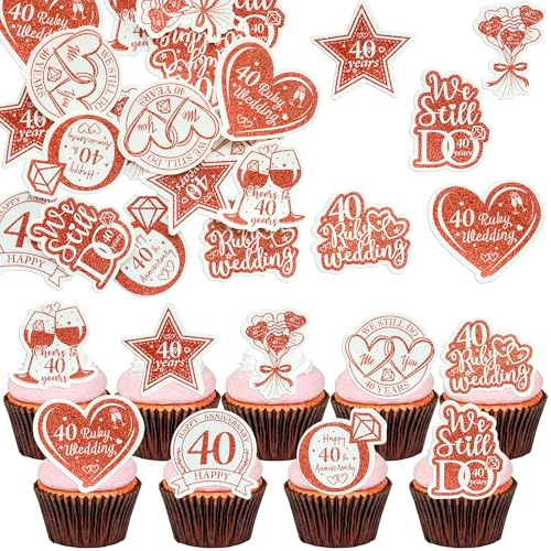 Gyufise 54Pcs Edible 40th Anniversary Cupcake Toppers Ruby Happy Wedding Glutinous Rice Paper Cheers to 40 Years We Still Do Picks Party Cake Decorations Supplies