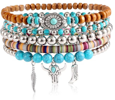 Mikovivi 5st Västerländska Armband, Boho Pärlarmband med Turkosa Pärlor Färgglada Västerländska Cowgirl Smycken för Sommarstranden för Kvinnors Födelsedagspresent