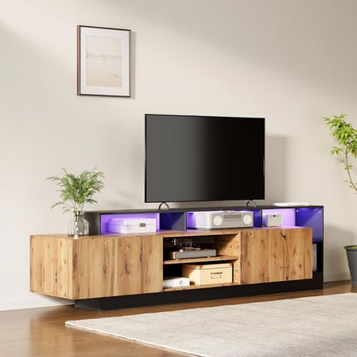 LINKHOO Meuble TV Et Bois, Meuble TV Moderne pour écrans jusqu'à 70 Pouces, avec rangements Ouverts et éclairage LED, Finition Bois Naturel et Cadre Noir, idéal pour Le Salon