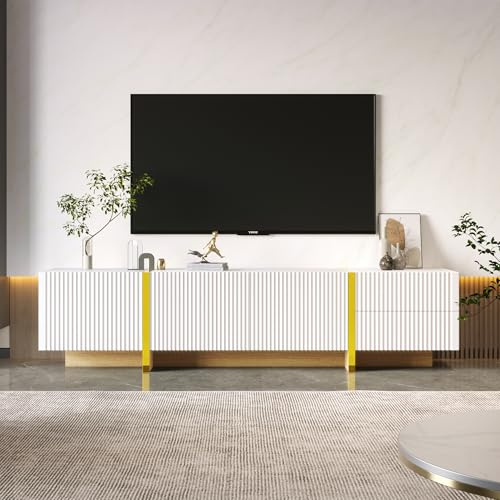 Jaxenor 190cm TV Lowboard mit 3 Türen, TV Board mit 2 Schubladen, Modern Fernsehschrank, Fernseher Schrank für Wohnzimmer, TV Schrank, Weiß und Gold