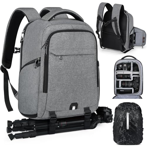 RAINSMORE Sac a Dos Photographe Sacoche Appareil Photo Professionnel Compartiment Ordinateur 14 Pouces Housse Pluie Sac Photo Reflex Numérique Compatible Canon Sony Gris