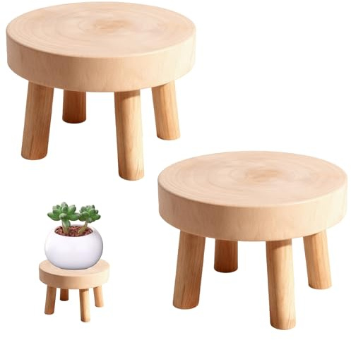 GBKDQQ 2er Pflanzenständer Holz, 14*9*6 cm Blumenhocker, Blumenständer Hocker , Runder Blumentopfständer Pflanzenhocker Massiv für Terrasse, Garten und Indoor Outdoor(S)