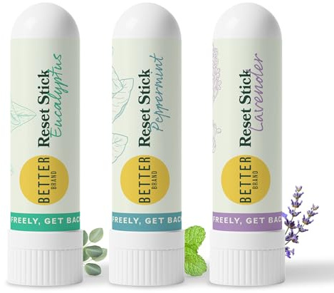 Betterbrand Reset Stick Trio – Natural Nasal Inhaler for Congestion Relief, Peppermint, Eucalyptus & Lavender Aromatherapy, Non-Medicated, Travel-Friendly Sinus Support - Pack of 3