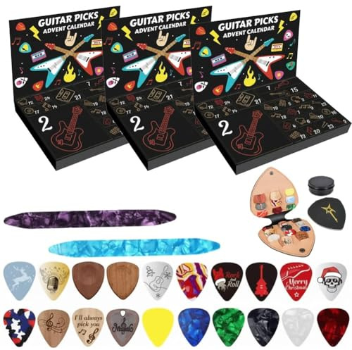 2025 Gitarrplektrum adventskalender, 24 dagar med musikaliska överraskningar för alla som älskar musik och rock, jul nedräkningskalendrar med 20 livliga plektrum, 2 Oud Pick, en läderhållare (3 st)