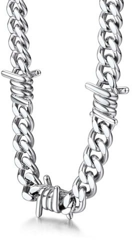 Bestyle Cadena Plata Hombre Cubanas Cadenas Eslabones Acero Inoxidable Plateado 9mm Ancho Collar Alambre de Espino Púas 41cm + 5cm Joyas de Mujer Hombre Hip Hop Punk Rock Gotico