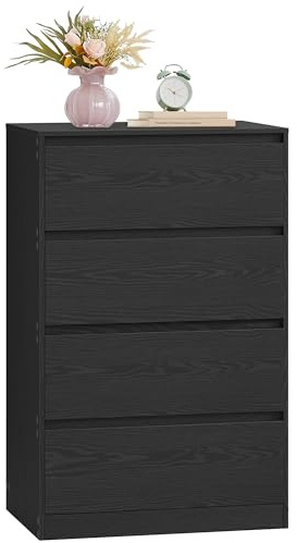 VASAGLE Kommode mit 4 Schubladen, Kommodenschrank, Schubladenschrank, Wäschekommode, für Schlafzimmer, 60,2 x 40,4 x 97,4 cm, Modern Kailyn Kollektion, Ebenholzschwarz LTS614BE05 | Aufbewahrungsschrank mit grifflosem Design, für Schlafzimmer und Wohnzimmer, Ebenholz Schwarz, KAILYN Kollektion LTS614BE05