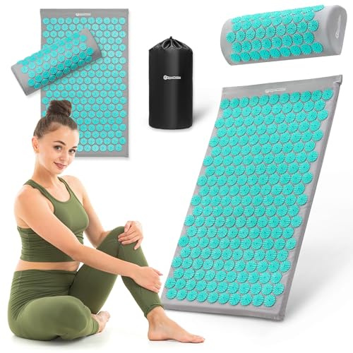 HyperMotion Akupressurmatta 72 cm med kudde och lock, 8 820 tryckpunkter, bomull och ABS-ryggar, ergonomisk, grårosa, för avkoppling, massage och kroppsåterhämtning
