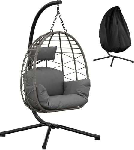 Fauteuil Suspendu en Rotin,Chaise hamac cocooning avec Structure en Acier,Charge 130kg,Chaise Suspendue Oeuf avec Housse de Pluie,Hamac Balançoire pour Jardin,terrasse,Coin Lecture(196x105x24cm)