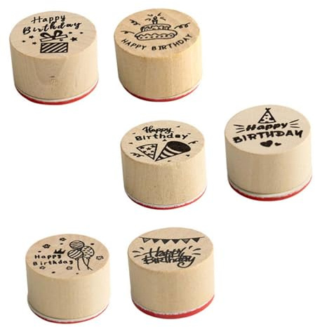 AUTSUPPL 6 Stück Runde Holzstempel im Retro Stil mit Happy Birthday Schriftzug Kunststoffmaterial für Selbstgemacht Scrapbooking und Kreative Geschenkdekorationen Zufällige Zufällige Farbe