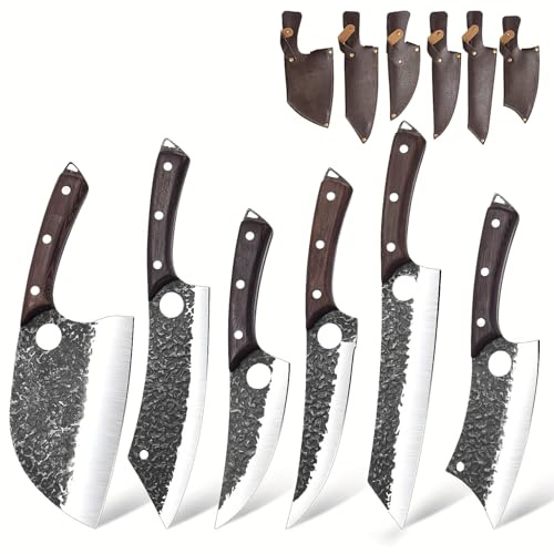 KLYTE 6-teiliges Küchenmesser Set: Hackmesser aus Edelstahl | Profi Messerset inkl. Tranchiermesser. Geschmiedete Klingen mit Fingerloch & Holzgriff. Perfekt für Outdoor BBQ & Küche.