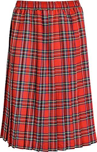 KENTEX ONLINE Womens Long Pleated Skirt Tartan Check Ladies Stretch Box Pleat Elasticated Waist Waistband Skirts (Large (16-18), Red)