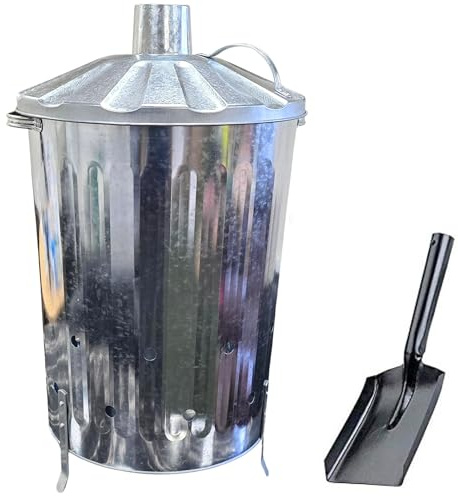 Small Medium Large 15L 60L 90L Litre Metal Galvanised Garden Incinerator Fire Bin Burning Leaves Paper Wood Rubbish Dustbin Shovel and Poker Made in U. K. (90L INC with Shovel)