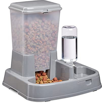 Relaxdays Distributore Automatico di Acqua & Cibo, 2 in 1, per Cani & Gatti, Bottiglia, 4 l, Plastica, Grigio Scuro