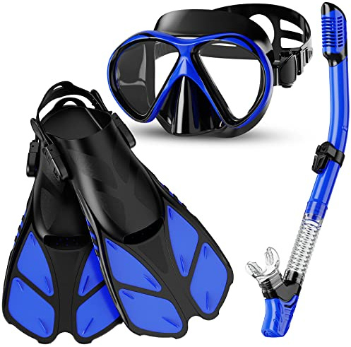 Snorkelset mask, snorkel och fenor/läppar, väska, dykmask, dykmask, dykmask, snorkelfenor för vuxna och tonåringar, flippers och snorkel set