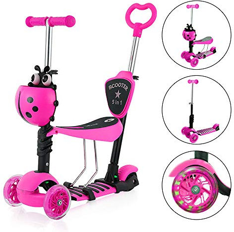 Dripex 5-in-1 Kids Scooter Toddler Scooter with Flashing Led Light Up Wheels 3 Wheels Kick Scooter with Adjustable Handlebar Removable Seat and Push Handle (Pink)