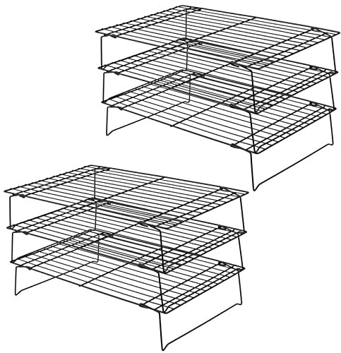 HAKZEON 2 Set 3-Tier Black Cooling Rack, Baking Cooling Racks, Stackable Baking Wire Racks Non-Stick Grilling Cooling Tray Foldable Drying Cooler Stand for Biscuits, Cakes, 40 x 25 x 22cm