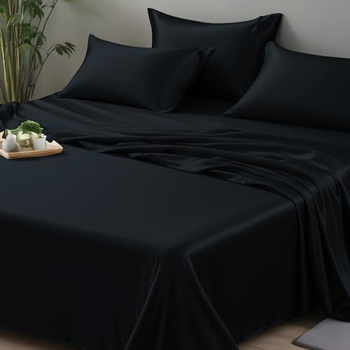 LINENWALAS Dubbla sängkläder i 100 % ekologiskt bambu, silke, lakan, 300 trådtäthet, mjukt, kylning, premium, lyx, svart (230 x 274 cm, kolsvart)