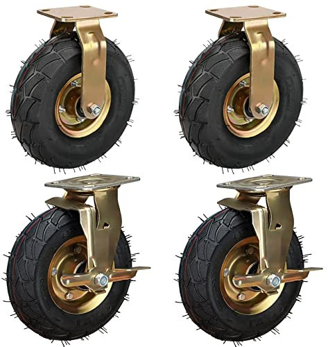 ESOYAWE 200mm 250mm Schwerlast Lenkrolle 4 Stück, Doppeltes Lager Luftreifen Gummirollen, Transportrollen Mit Bremse, Für Trolleys Möbel Werkbank Mechanisch, Tragfähigkeit 115KG Pro Rolle