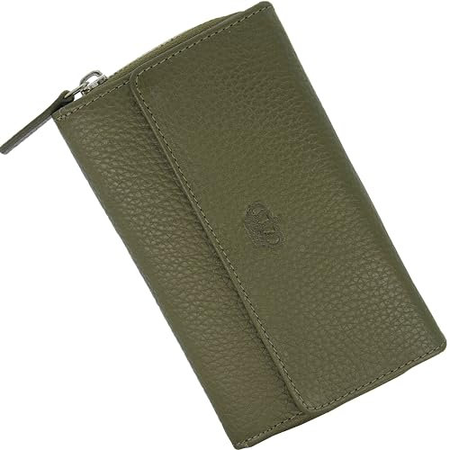 Baur Damen Geldbörse Echt Leder Geldtasche | Geldbeutel mit RFID Schutz | großes Portemonnaie viele Kartenfächer | Wallet mit Druckknopf & Reißverschluss Münzfach | Damen-Geldbörsen (Olive)