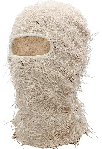 XYIYI Beige Distressed Balaclava Ski Face Mask Full Face Knitted Balaclava Winter Windproof Neck Warmer for Men Women