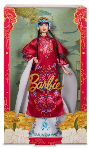 BARBIE Lunar New Year Barbie Puppe - Traditionelles Kleid in glücksbringendem Rot mit Pfingstrosenmuster, cyanblaue Schuhe mit pinken Troddeln, inspiriert von der Peking-Oper, HRM57