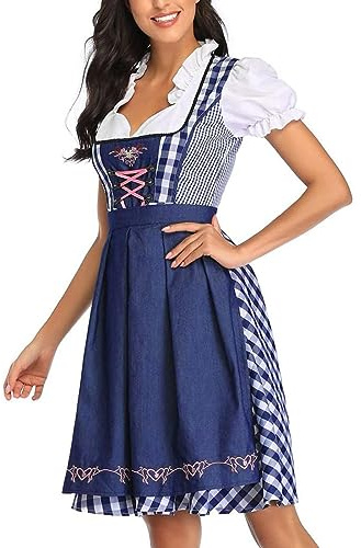 Pomurom Robe Oktoberfest, Style Plaid Ethnique Allemand Femmes Dirndl Costume | Bavarois Festival Bière Carnaval Tenues