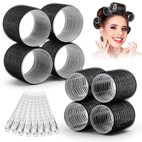 Self Grip Hair Rollers Curlers 16 Pcs Set with 8Pcs Heatless Hair Rollers 2 Sizes (4 Jumbo & 4 Large) and 8 Pcs Hair Clips for Long Medium Short Thick Fine Thin Hair Volume (Black)