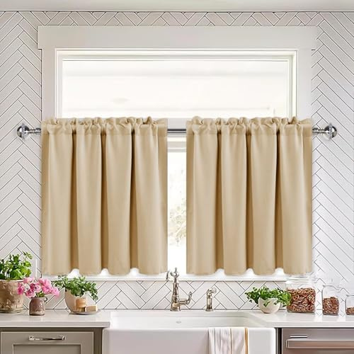 XWZO Gardiner mörkläggningsgardin, gardiner ogenomskinliga, köksgardiner bistrogardin korta fönstergardiner för små fönster, husvagn, B 66 cm x H 91 cm, beige per panel, set om 2