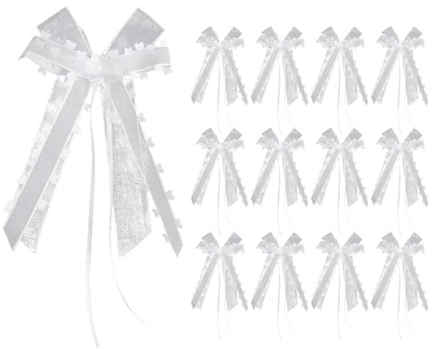 KAPSING 12 Stück Autoschleifen Antennenschleifen, autoschmuck Hochzeit, autoschleifen Hochzeit, Hochzeit Deko Schleifen, Autoschmuck Hochzeitsschleifen für Hochzeit Party Geburtstag, Weiß
