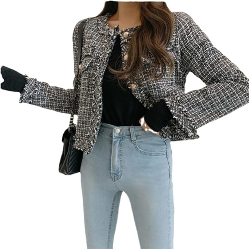 Veste en Tweed à Poitrine Unique Automne Femmes Poches lâches Design Sens Niche Tweed Blouse Courte Femme Mode coréenne Veste Courte Veste Courte (Noir,L)