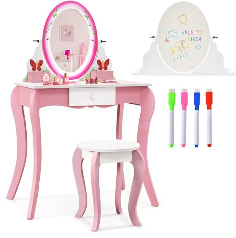 COSTWAY 2 in 1 Kinder Schminktisch & Hocker mit um 360° drehbarem Spiegel & Whiteboard, 4 Markern, Prinzessin Frisiertisch für Kleinkinder von 3-7 Jahren (Rosa)