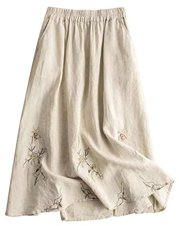Leinenrock Damen Knielang,Midirock Damen Elegant,Röcke Midi Damen Herbst Vintage Faltenrock Knopfleiste Baumwolle Leinen Rock A Linie Swing Midi Rock Elastische Taille Lässig Damenrock mit Schlitz