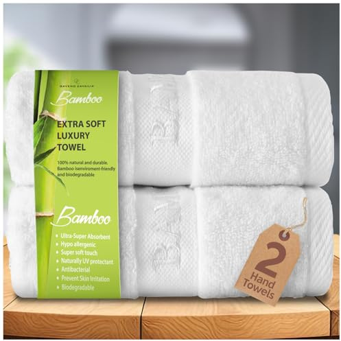 GC GAVENO CAVAILIA Bamboo Hand Towels 2 Pack - 500 gsm Highly Absorbent Towels For Bathroom (50x80 Cm) - 60% Bamboo, 40% Cotton Towels Bale Extra Soft - White
