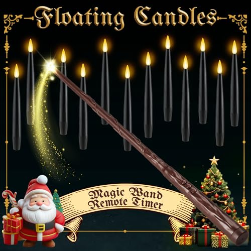 NURADA Floating Candles with Wand Remote Timer - Magic LED Hanging Flameless Taper Candles Flickering Battery Operated for Halloween Birthday Theme Party Holiday Home Window Decor - Black 12 Pack