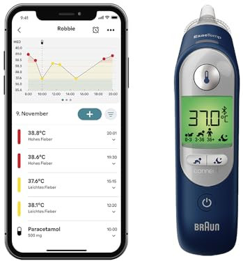 Braun ThermoScan 7 + connect Termometro auricolare | Compatibile con l'app Braun Family Care™ | Tecnologia Age Precision® | Display digitale con codifica a colori | Adatto a neonati e bambini